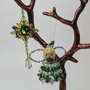 Vintage Beaded Christmas Ornament Cross Safety Pin Angel Green 90s Handmade OOAK
